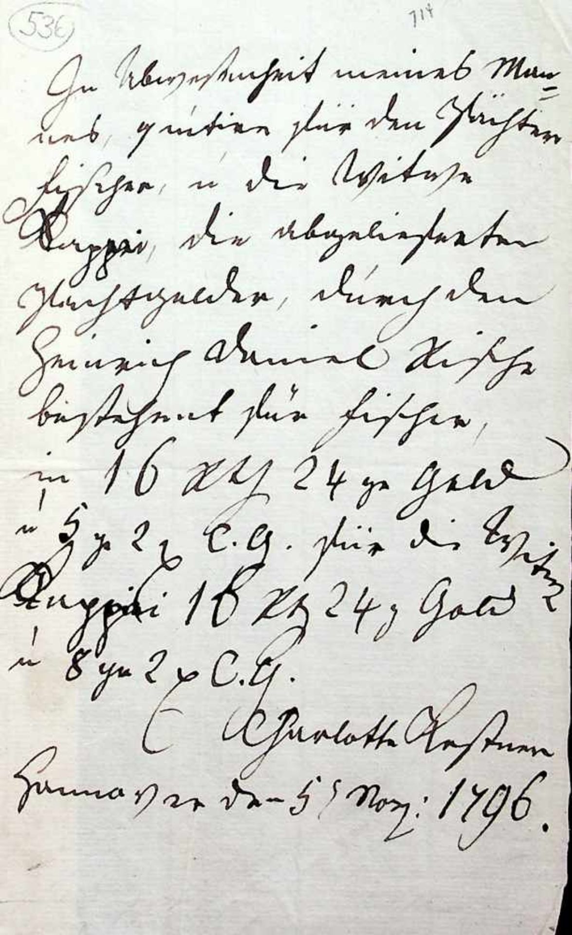 Kestner, Charlotte, geb. Buff,E. Schriftst. m. U. Hannover 5.XI.1796. 8ø. 1 S.Goethes Lotte,