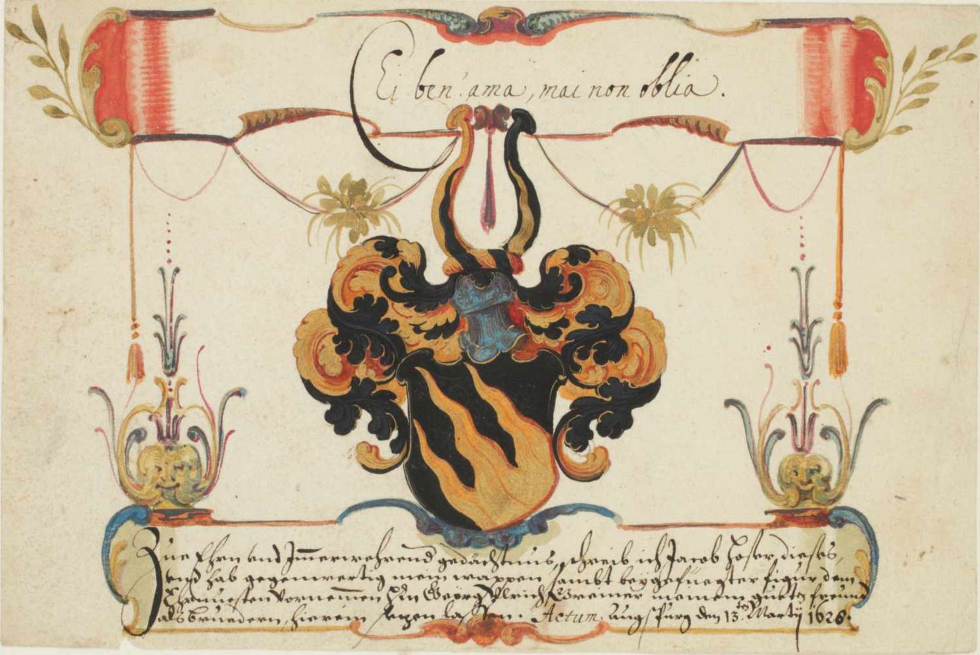 Greiner, Georg Ulrich.Ein Blatt aus seinem Stammbuch. Augsburg13.III.1628. 114:170 mm. Eintrag mit