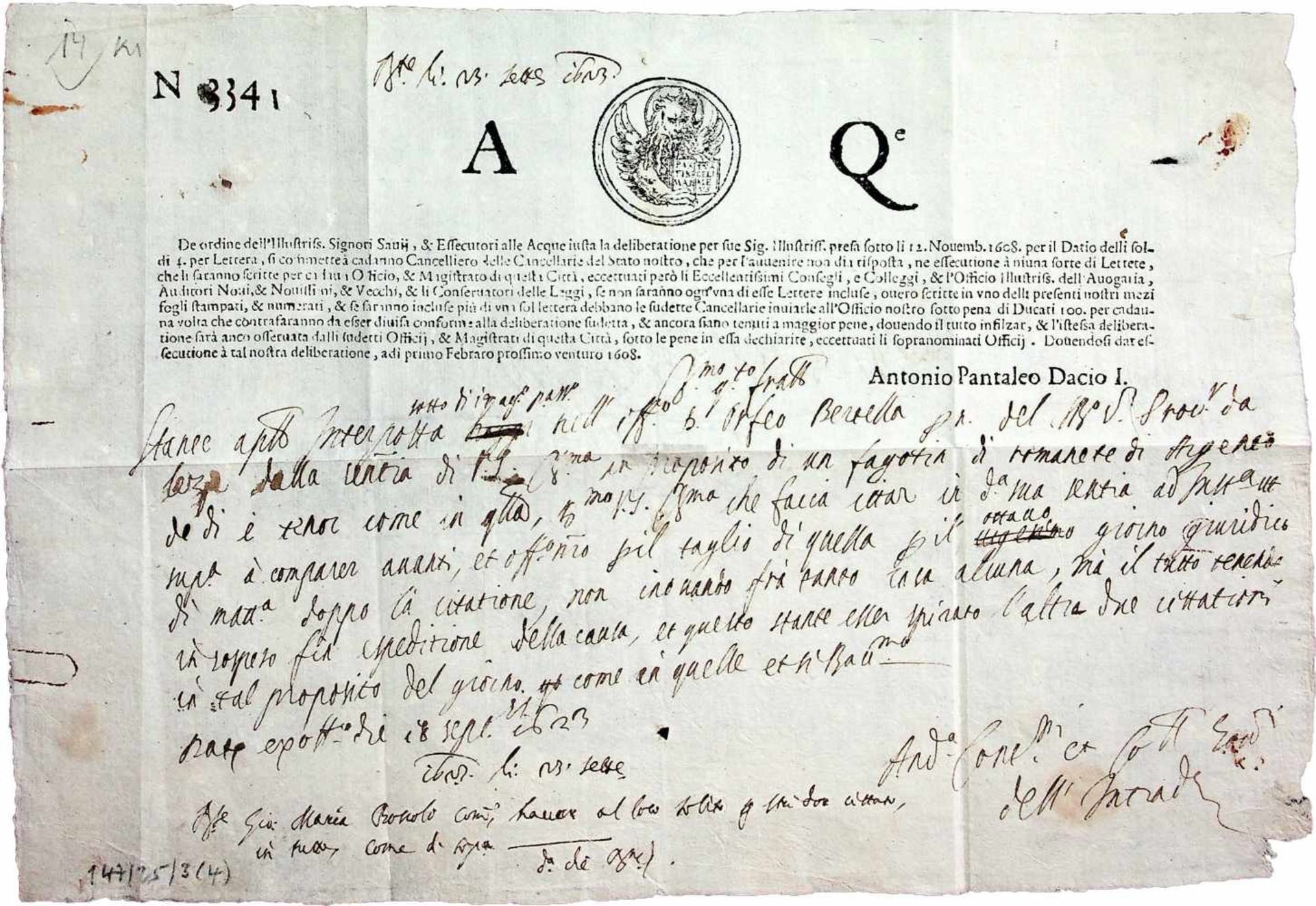 Venedig.3 typographische, handschriftlich ausgefllteSchriftstcke. 1623-1784. Qu.-4ø. Je 1