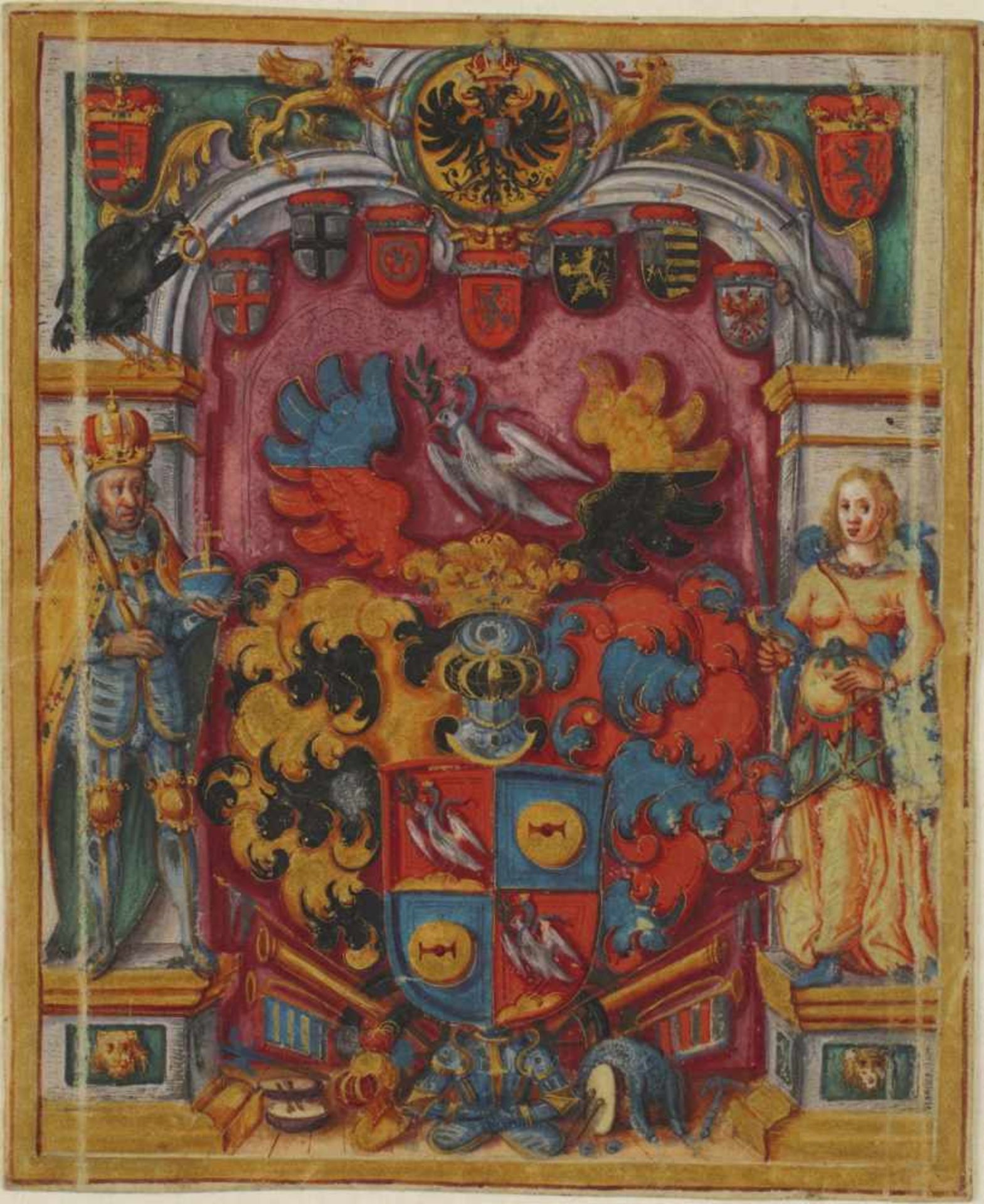 Wappenmalereien.2 Bll. auf Pergament in Gold u. Farben. O. O. um1580. 132:112 mm. und 117:98 mm.