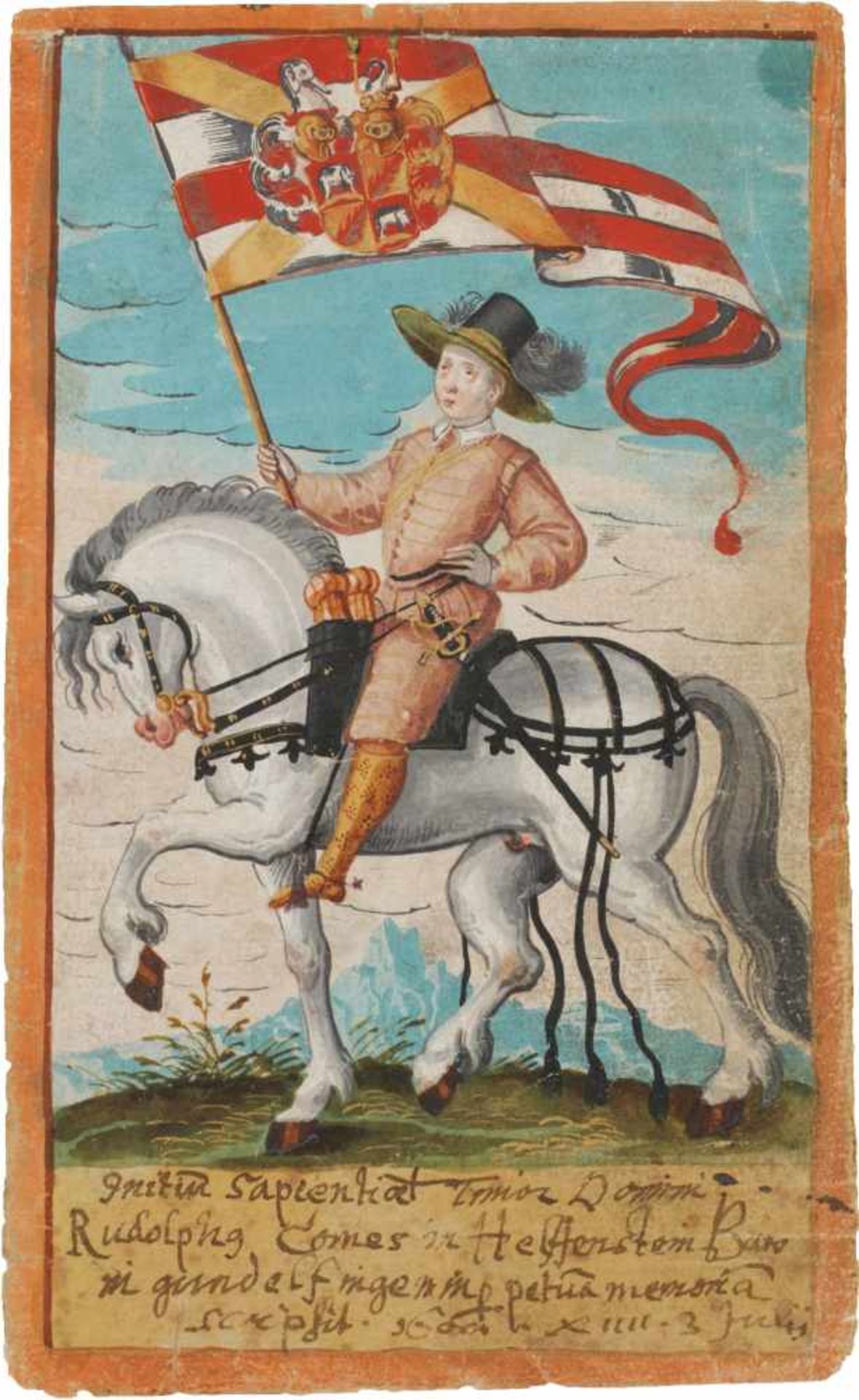 Helfenstein, Rudolph v.Stammbuchblatt mit Aquarell, goldgeh”ht. 1614?156:95 mm.Rudolf Graf von