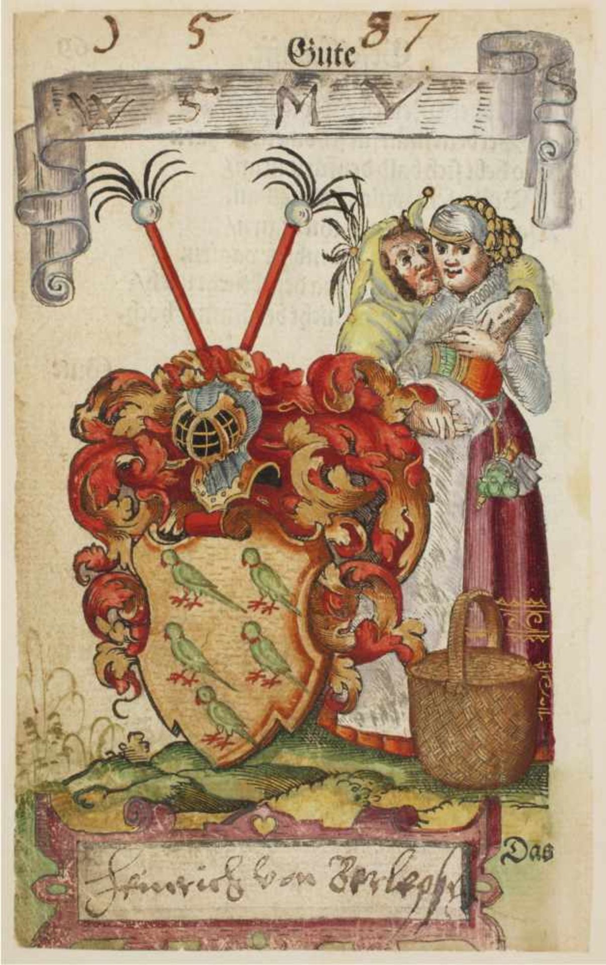 Anonymes Stammbuch.11 Stammbuchbll. (Ca. 142:90 mm.). O. O.1585-1587. Montiert. Gr.-8ø. Mod.