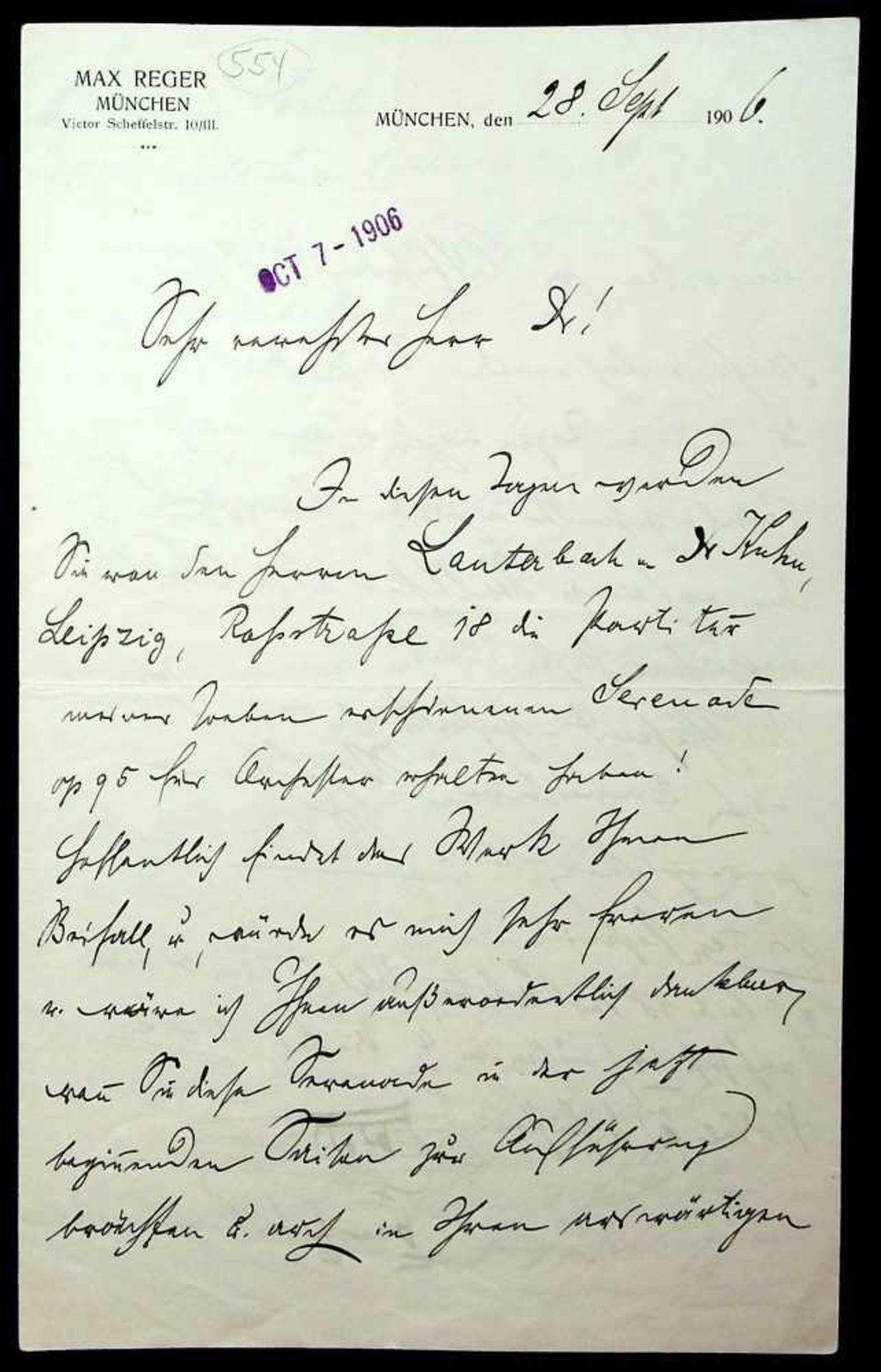 Reger, Max,E. Br. m. U. Mchn. 28.IX.1906. 8ø. 3 SS. aufDpbl.Wohl an einen nicht namentlich genannten