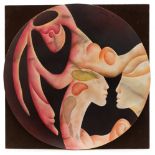 Charles Delporte (1928-2012) Surrealist composition of two faces.Oil on round panel. Signed.