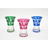 Val Saint LambertSet of three Art Deco vasesClear, green, red, and blue crystal. Each piece is