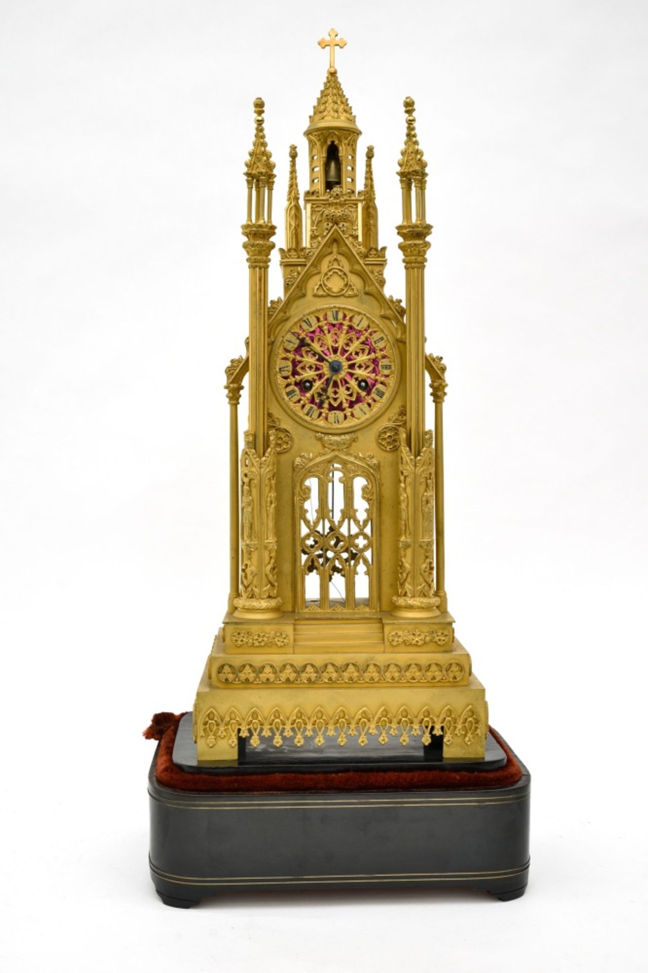 Early 19th century workCathedral clockBronze with golden patina, black-lacquered wood stand inlaid - Image 2 of 6