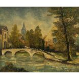 Belgian school, 20th century View of a bridgeOil on canvas. Signed at lower right J Degreef