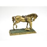 19th century schoolDog bothering a tied up horseBronze sculpture with golden and green patina. 19