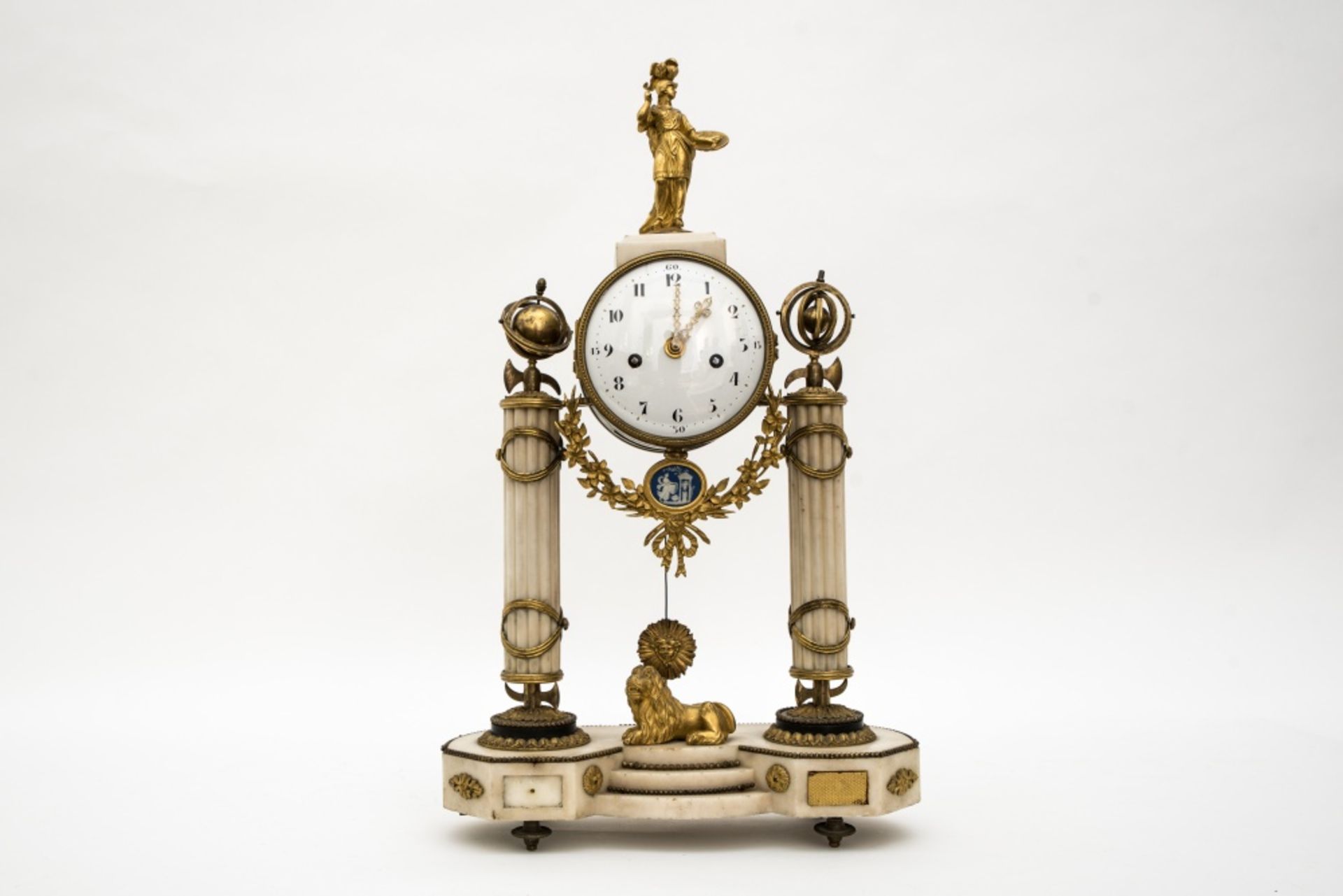 Late 18th century eraAllegorical portico clockWhite and black marble, gilt bronze decor featuring