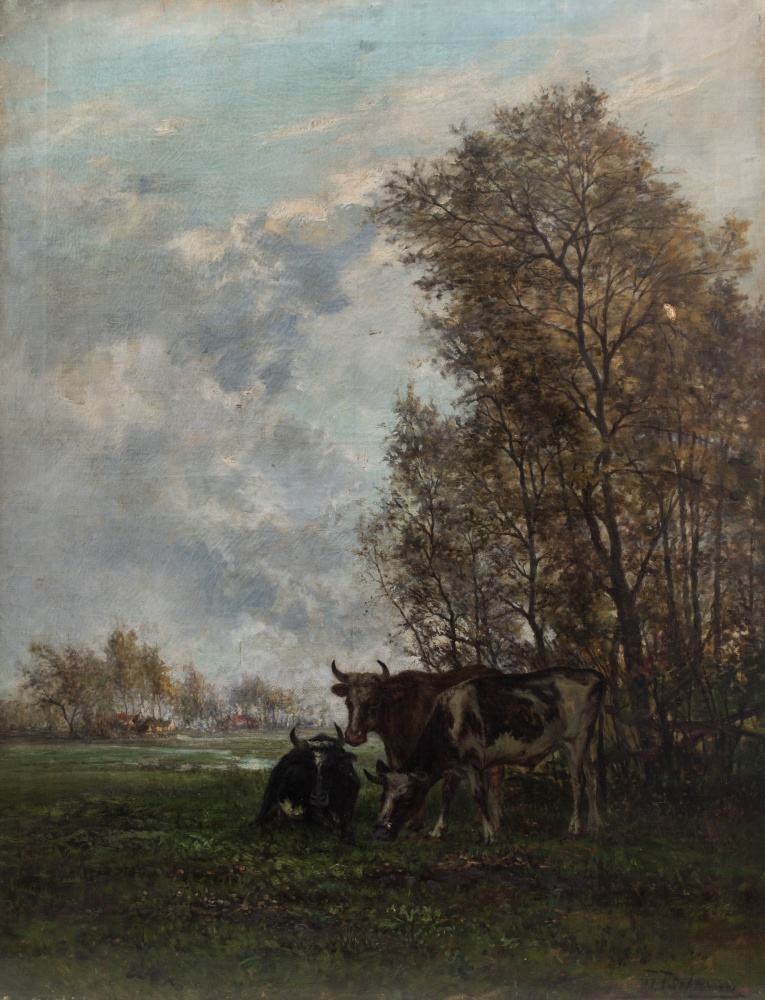 Théodore T’Scharner (1826-1906)Cows in the meadowOil on canvas. Signed at lower right. One spot