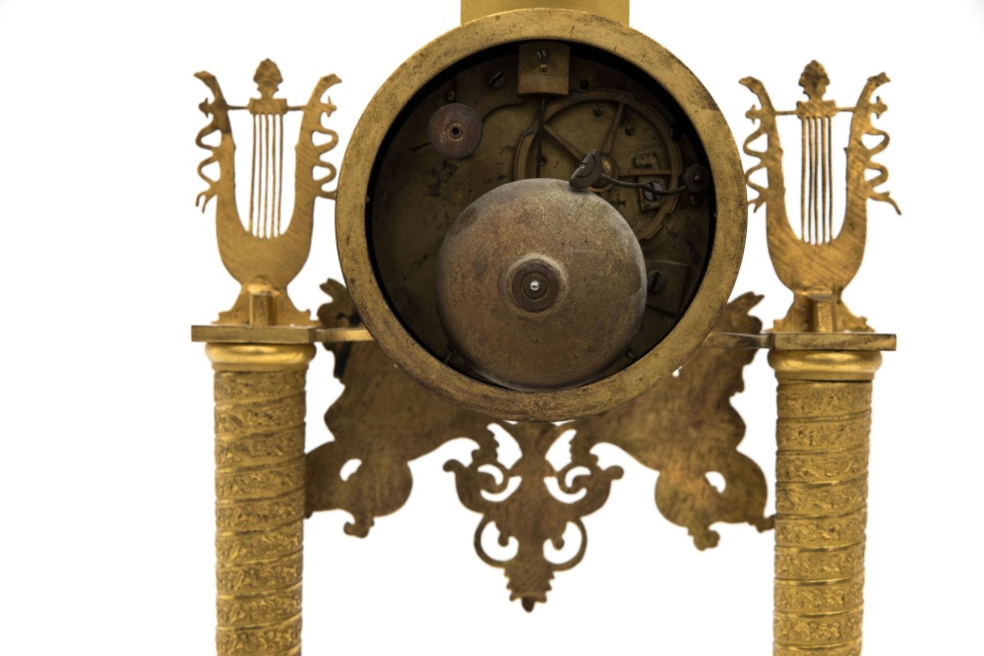 François Mouton in DunkirkLyre clock, ca. 1820Bronze portico clock with golden patina. White - Image 2 of 2