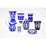 BohemiaLot of clear and blue crystalComprises six vases, a pitcher, and a bowl.