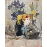 Jean Laudy (1877-1956)Carafe, glass, and flower vasesOil on cardboard. Signed at upper right.Framed.