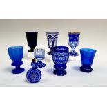 Bohemia, 19th centuryLot of 7 footed glassesBlue cut crystal. A blue cut crystal flask is included.