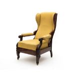Early 19th century Austrian workConvertible armchair/lounge chairWalnut and yellow fabric. Carved