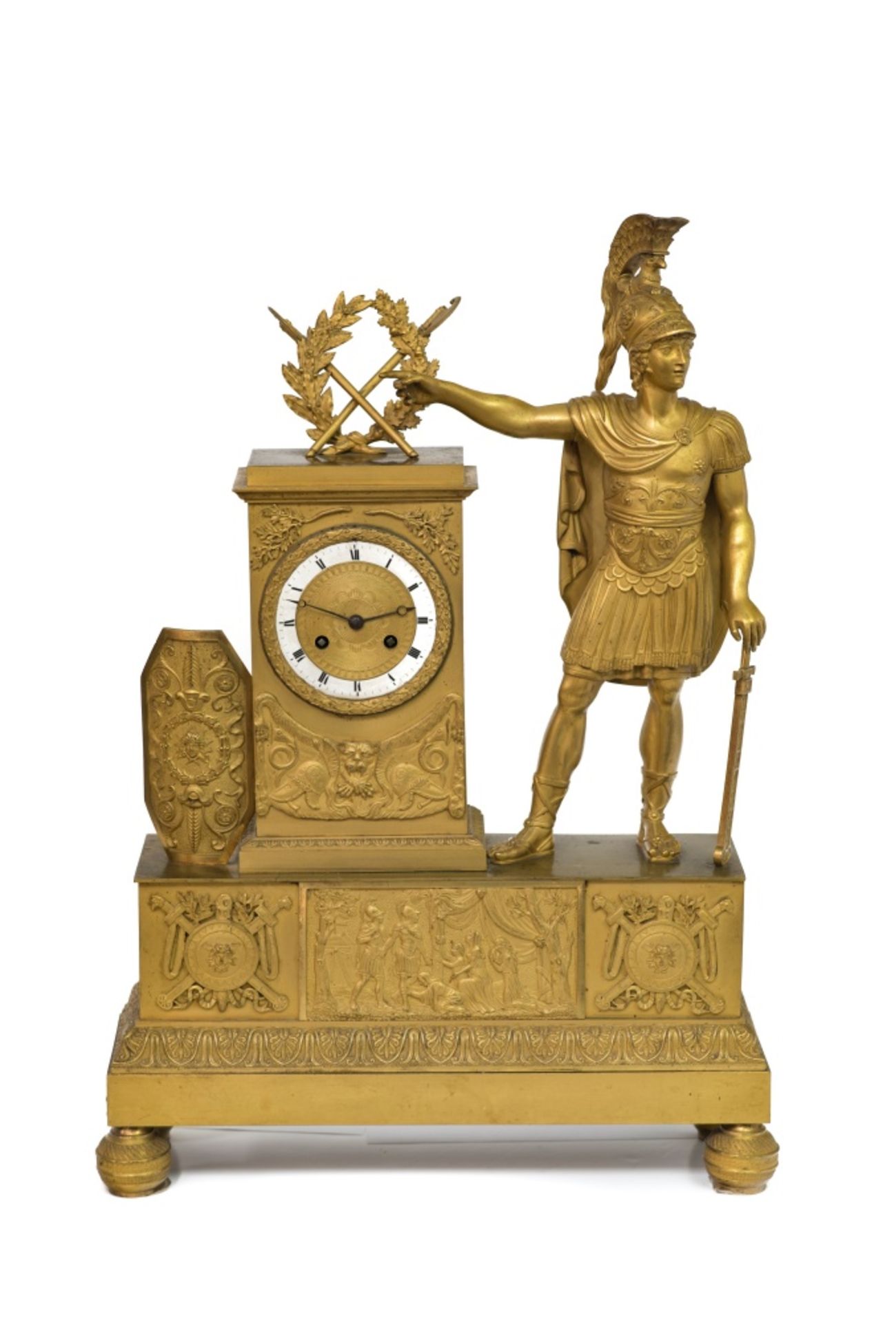 Early 19th century workTelemachusLarge bronze pillar clock with golden patina, very detailed