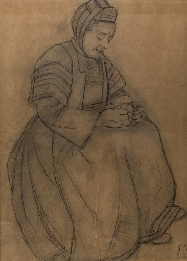 Walter Sauer (1889-1927)Breton womanCharcoal on paper. Signed at lower right. Framed. 76 x 54 cm