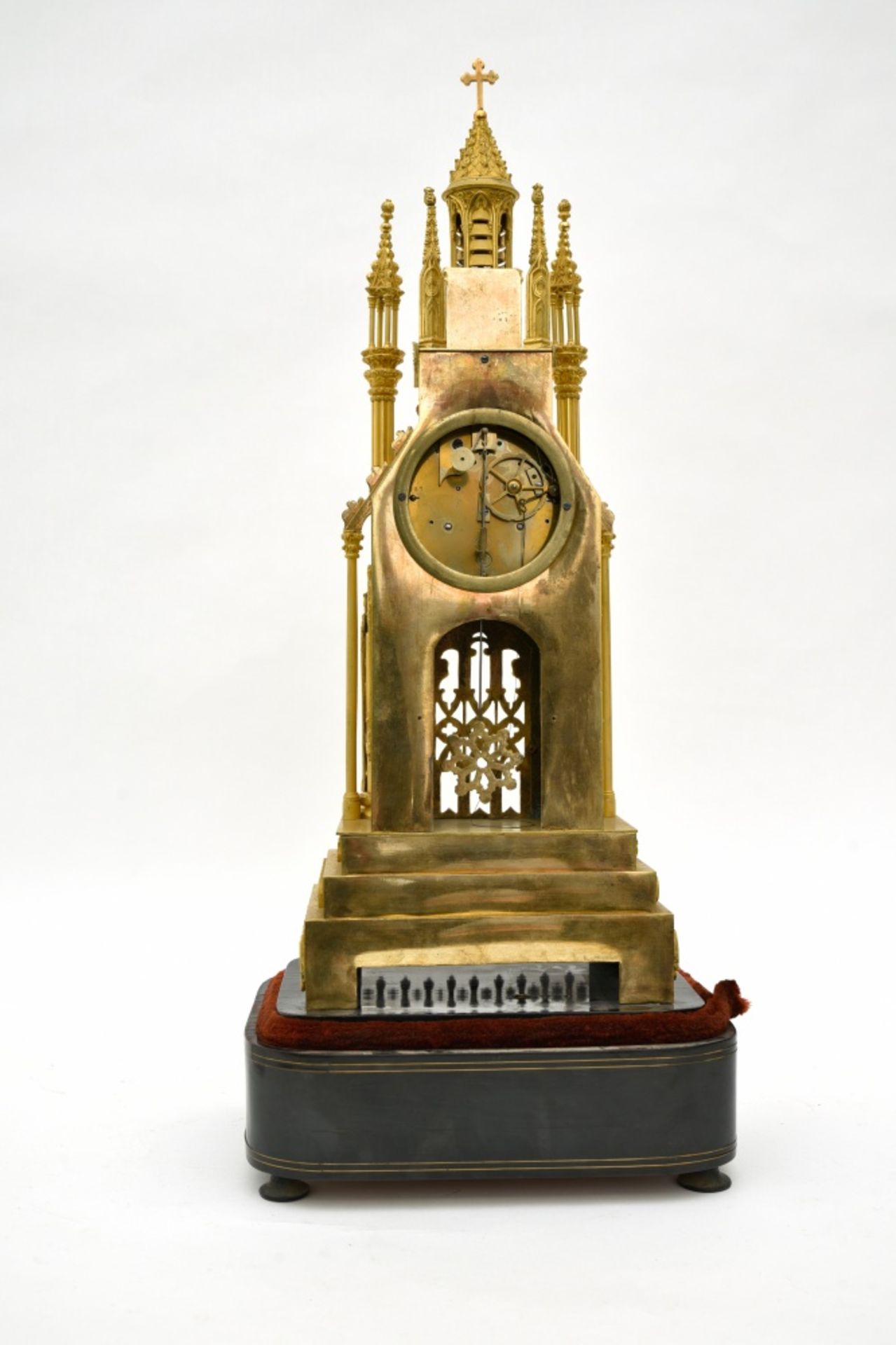 Early 19th century workCathedral clockBronze with golden patina, black-lacquered wood stand inlaid - Image 4 of 6