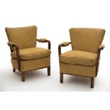 Etablissements VANDERBORGHT Set of four armchairs, 1931Carved walnut and yellow and orange fabric.