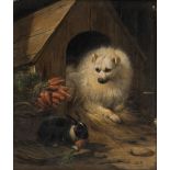 Henriette Ronner (1821-1909)Spitz and rabbitOil on panel. Monogrammed at lower right. Framed 19 x 16