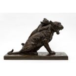 Albert Hager (1857-1940)Lioness and cubBronze sculpture with golden-brown patina. Signed on the