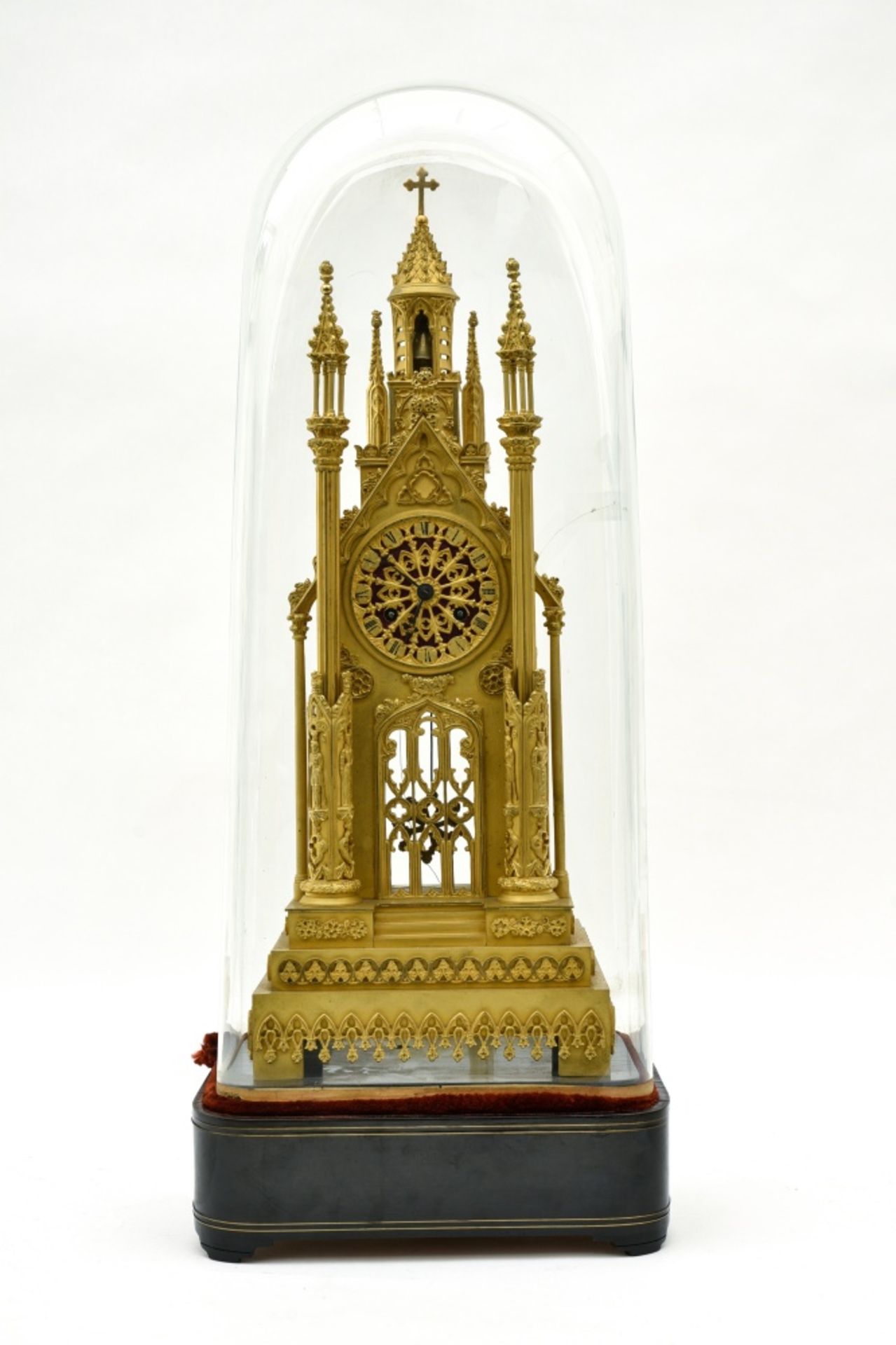 Early 19th century workCathedral clockBronze with golden patina, black-lacquered wood stand inlaid