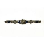 Art Deco brooch-barrette 18 kt yellow and white gold set with 4 blue tear-shaped sapphires and a