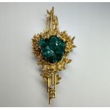 modernist brooch In 18 kt yellow gold set with a dioptase and 3 small brilliants. Double pin