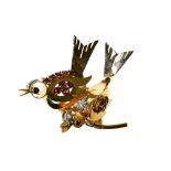 Bird brooch 18 kt yellow gold and platinum, depicting 2 birds on a brooch, set with small rubies