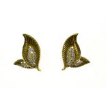 Pair of Leaf clip earrings 18 kt yellow gold, each set with 16 small brilliants. 1950's work.