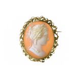 Napoleon III cameo brooch 18 kt yellow gold with a border of vine leaves set with a large shell