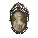 Painted miniature brooch Silver, set with a painted miniature on ivory depicting a young woman