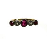 Ruby and diamond ring band 18 kt yellow and white gold, set with 3 rubies (centre oval-shaped