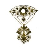 19th century pendant 18 kt yellow gold filigree pendant, navette pattern adorned with a flower,