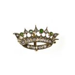 Crown brooch 14 kt yellow gold, set with 4 small demantoid garnets and small old-cut diamonds.