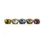 Brooch-barrette 18 kt yellow gold, set with 5 semiprecious stones (citrine, amethyst, quartz,