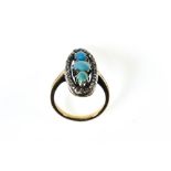 Marquise ring 18 kt yellow gold and silver, oval-shaped, set with 3 turquoise cabochons in the