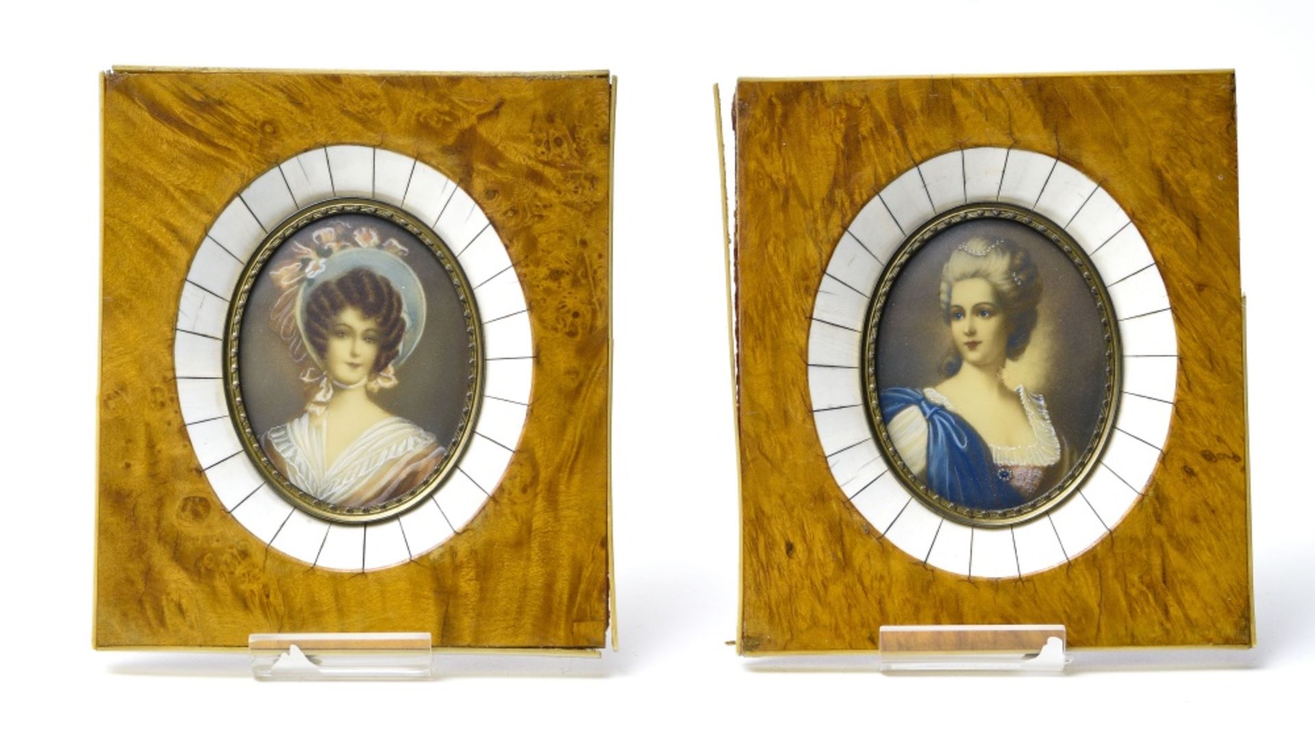 18th century French school Two portraits of a lady, Miniatures on ivory. Framed. Tag on the back