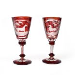 Bohemia Pair of large glasses, Red and clear crystal, etched with horses. Height (cm) : 23 - -