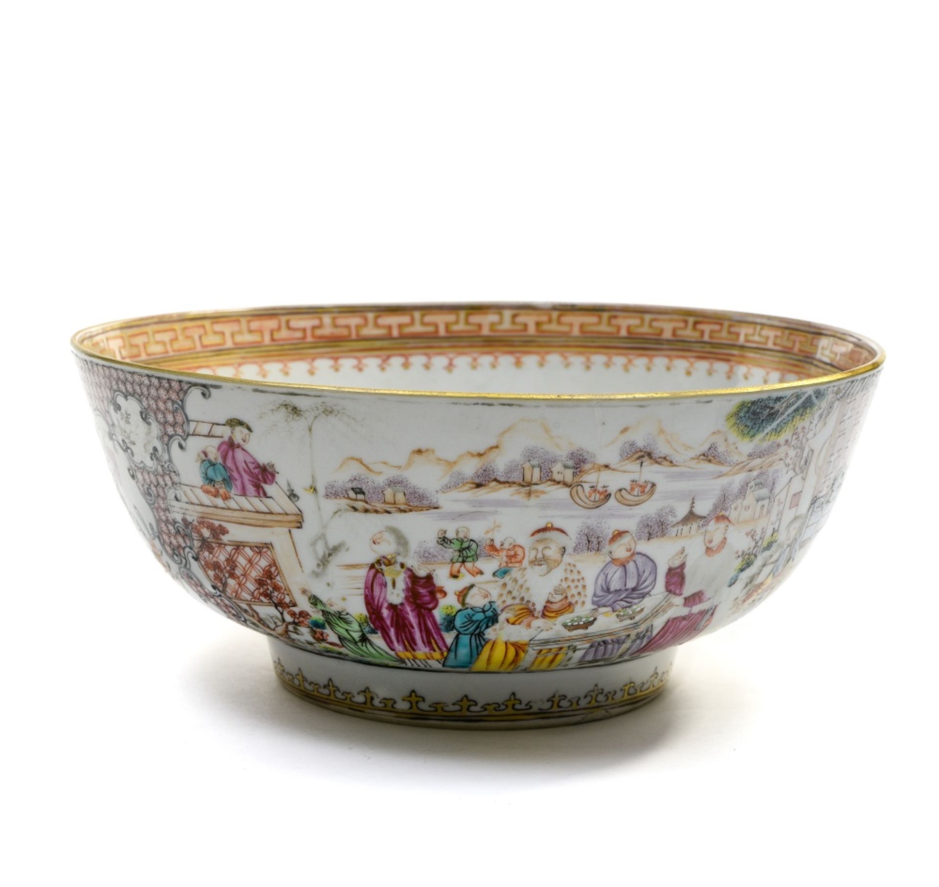 China, 18th century Large flared bowl, Porcelain, with Famille Rose enamelled dŽcor of a banquet,