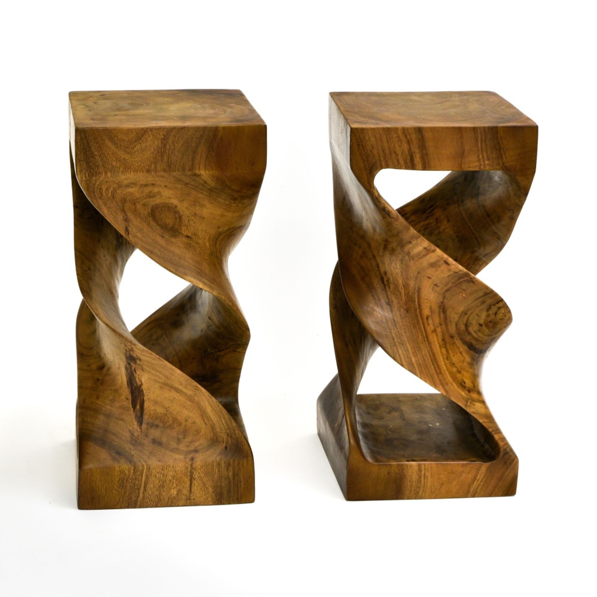 Olivier de SCHRIJVER (Born in 1958) Pair of twisted columns, Carved and hollowed rain tree wood.