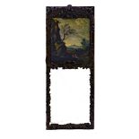 18th-19th century work Trumeau mirror, Oakwood richly carved with flowers, upper part decorated