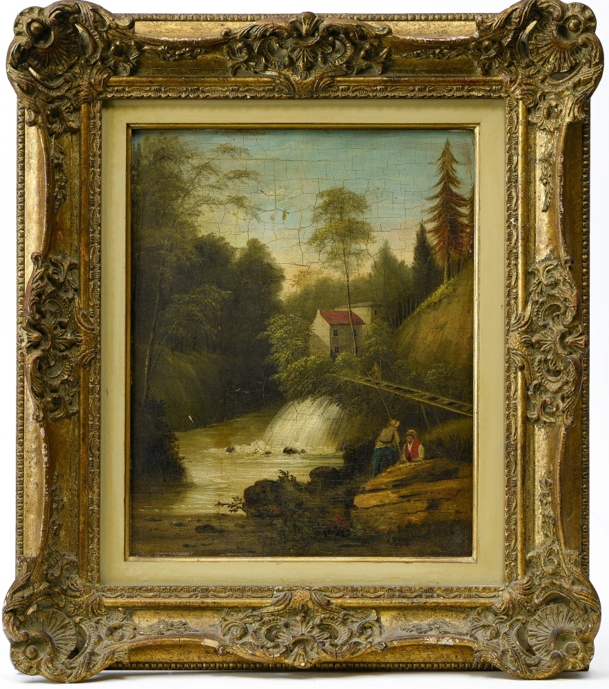 19th century school Swiss landscape with fishermen, Oil on panel. Framed Height (cm) : 33,5 - Width - Image 2 of 3