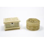 China, 19th century Two carved ivory boxes, Canton work. A round box and a rectangular case with