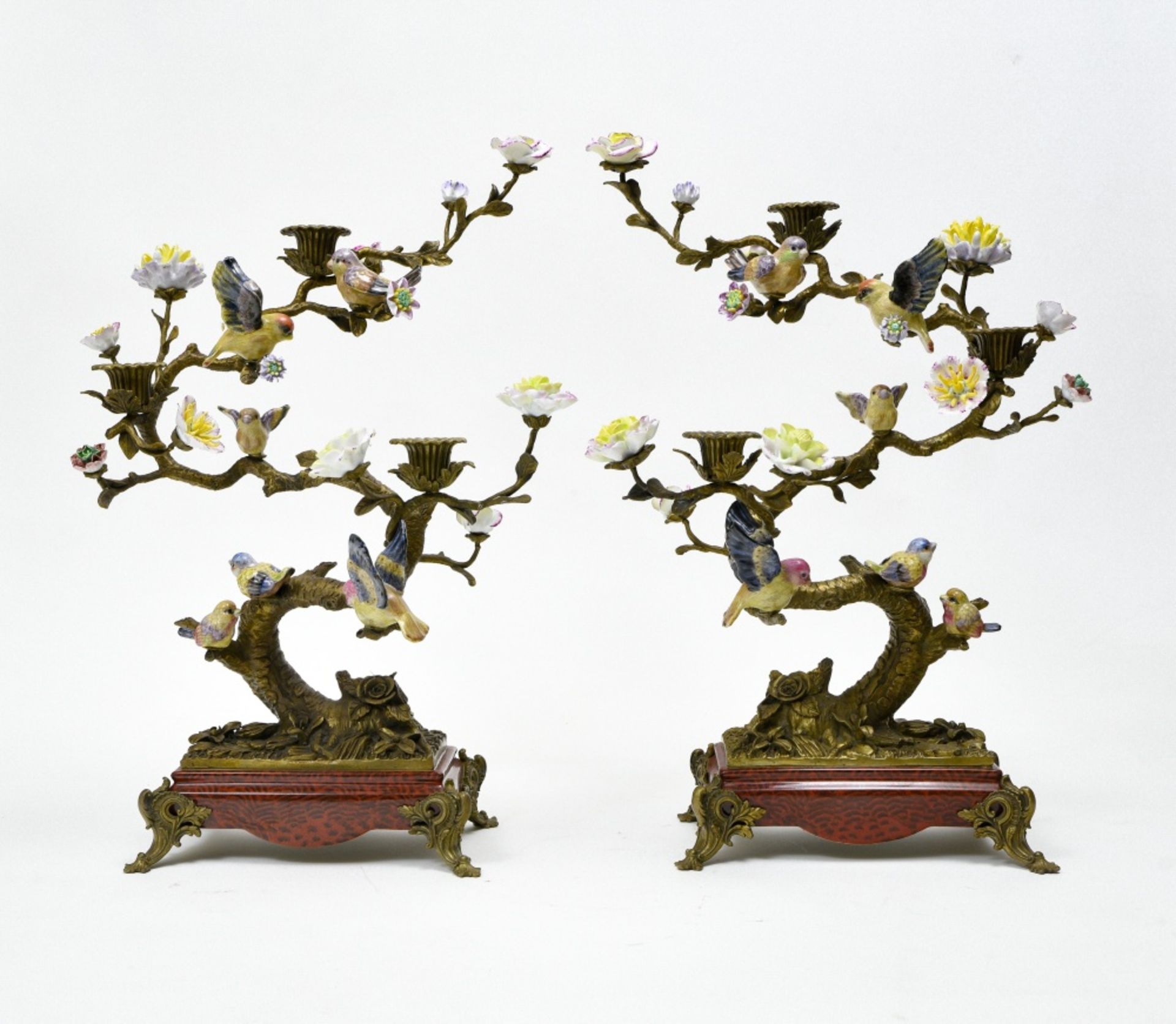 China, 20th century Pair of candelabras featuring birds, Bronze and porcelain. Mark under the base. - Image 2 of 2