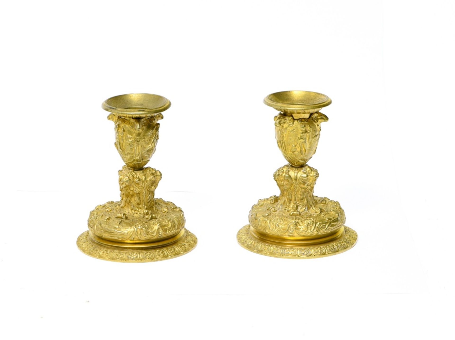 Pair of candlesticks featuring Greek gods, Bronze with golden patina, depicting the Greek gods