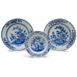 China, 18th-19th century Two large plates and a soup plate, Blue and white porcelain with tea rim
