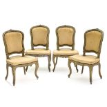 Late 18th century work Set of four Louis XVI chairs, Carved, weathered wood, upholstered in silk (
