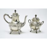 RAVINET DENFERT Coffee pot and sugar bowl, Silver, decorated with a laurel frieze, iron rings on the