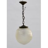 LORRAIN Carp hanging lamp, Moulded pressed glass, spherical. Signed. Height (cm) : 70 - -